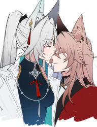  1boy animal_ear_fluff animal_ears blush breasts brown_hair chinese_clothes chubae closed_eyes coat cropped_torso feixiao_(honkai:_star_rail) female fox_boy fox_ears fox_girl grey_hair hair_between_eyes heart highres honkai:_star_rail honkai_(series) jewelry jiaoqiu_(honkai:_star_rail) kissing kissing_eye long_hair makeup medium_breasts open_clothes open_coat ponytail simple_background spoken_heart straight tassel upper_body white_background white_coat 