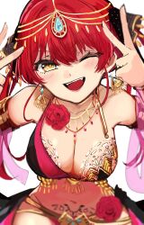  absurdres bare_shoulders bikini blush body_chain breasts cleavage dancer double_v earrings female flower gem hair_ribbon harem_outfit head_chain highres hololive houshou_marine jewelry large_breasts long_hair looking_at_viewer navel necklace one_eye_closed open_mouth red_flower red_hair red_rose ribbon rose simple_background smile solo suzuno_woto swimsuit tattoo twintails v virtual_youtuber white_background yellow_eyes 