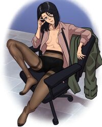  arechan bike_shorts black_hair black_pantyhose black_shorts breasts chair collarbone female hair_between_eyes jacket knee_up looking_at_viewer medium_hair navel no_bra no_shoes office_chair office_lady on_chair open_clothes open_shirt original pantyhose parted_lips shorts sitting solo swivel_chair toes unworn_jacket 