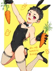  1boy :d animal_ear_hairband animal_ears aru_de_aru000 black_bow black_bowtie black_footwear black_gloves black_hair black_leotard border bow bowtie bunny_day carrot dated detached_collar fake_animal_ears fishnet_thighhighs fishnets food gloves hairband high_heels highres holding holding_carrot holding_food leotard male_focus open_mouth original outside_border pink_eyes playboy_bunny rabbit_ears scribble short_hair smile solo strapless strapless_leotard thighhighs vegetable white_border yellow_background 