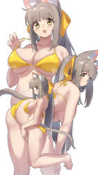  absurdres animal_ear_fluff animal_ears arukiru ass bare_arms barefoot bent_over bikini blush breasts brown_hair cat_ears cat_girl cat_tail cleavage closed_mouth collarbone commentary_request dot_mouth female hair_ribbon highres kneeling large_breasts multiple_views navel original ribbon sideboob simple_background smile standing standing_on_one_leg swimsuit tail underboob white_background yellow_bikini yellow_eyes 