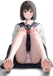  barefoot black_hair blue_serafuku closed_mouth female full_body hands_on_own_knees highres legs_apart magurotatakighn neckerchief on_ground osanai_yuki panties pleated_skirt purple_eyes red_neckerchief school_uniform serafuku short_hair shoushimin_series simple_background sitting skirt soles solo toes underwear white_background 