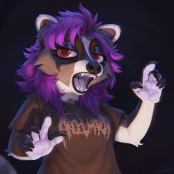  anthro black_background black_claws black_clothing black_shirt black_topwear claws clothing female hair hi_res lostgoose mammal open_mouth procyonid purple_hair raccoon red_eyes shirt simple_background solo topwear 