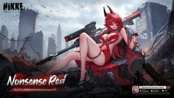  alcohol breasts cleavage cup drinking_glass female goddess_of_victory:_nikke gun highres horns large_breasts lipstick_mark long_hair looking_at_viewer mechanical_horns navel official_alternate_costume official_art promotional_art rapture_(nikke) red_eyes red_hair red_hood_(nikke) red_wine rifle sitting smile sniper_rifle solo weapon wine wine_glass 