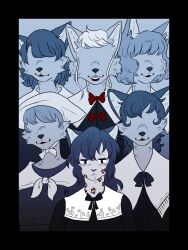  2020 3:4 anthro bangs black_border blouse blue_background bodily_fluids border bow_tie canid clothing dark_hair domestic_cat dress_shirt drooling eyelashes eyeless facial_tuft felid feline felis female front_view group hair half-closed_eyes hat headgear headwear hi_res inner_ear_fluff kiss_mark kiss_mark_on_face kiss_mark_on_neck light_hair lipstick looking_at_viewer makeup mammal mutedlavender narrowed_eyes restricted_palette robin_(mutedlavender) saliva shirt short_hair simple_background standing_behind string_bow topwear triangular_ears tuft 