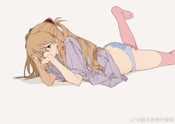  blue_eyes female lying neon_genesis_evangelion on_stomach orange_hair panties solo souryuu_asuka_langley thighhighs twintails underwear zhibuji_loom 