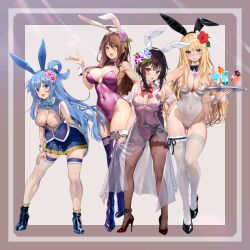  4girls absurdres ahoge alternate_costume animal_ears anklet aqua_(konosuba) ass_visible_through_thighs ayase_shichikai bare_shoulders black_bow black_bowtie black_footwear black_hair black_sleeves blonde_hair blue_eyes blue_footwear blue_hair blue_leotard blue_skirt blush boots border bow bowtie bra breastless_clothes breastless_leotard breasts breasts_apart brown_hair brown_pantyhose cameltoe candy chocolate cleavage closed_mouth collar condom condom_wrapper covered_navel covered_nipples cup darkness_(konosuba) detached_collar dress drinking_glass fake_animal_ears fake_tail flower food full_body groin hair_between_eyes hair_flower hair_ornament hand_on_own_thigh hands_up heart heart-shaped_chocolate heart-shaped_food high_heel_boots high_heels highleg highleg_leotard highres holding holding_tray jewelry kono_subarashii_sekai_ni_shukufuku_wo! lace-trimmed_sleeves lace-trimmed_thighhighs lace_trim large_breasts leaning_forward legs_apart leotard leotard_under_clothes long_hair looking_at_viewer megumin multiple_girls necklace nipples open_clothes open_mouth open_shirt outside_border pantyhose playboy_bunny pleated_skirt purple_bow purple_bowtie rabbit_ears rabbit_tail reaching reaching_towards_viewer red_bow red_bowtie red_eyes red_footwear red_leotard see-through see-through_dress see-through_leotard shoes short_hair_with_long_locks side_slit single_hair_ring single_sleeve skirt sleeveless sleeveless_dress small_breasts smile standing strapless strapless_leotard tail thigh_boots thigh_strap thighhighs thighhighs_over_pantyhose thighhighs_under_boots thighs tongue tongue_out traditional_bowtie tray underwear white_collar white_dress white_leotard white_thighhighs white_wrist_cuffs wiz_(konosuba) wrist_cuffs x_hair_ornament yellow_eyes 