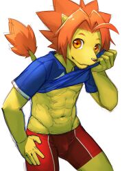  1boy abs animal_ears blue_shirt furry furry_male hands_on_own_thighs kemoi_sumi lion_boy lion_ears lion_mane lion_tail looking_at_viewer male_focus morenatsu orange_eyes pectorals red_shorts shirt shorts soutarou_touno tail toned toned_male white_background wiping_face 