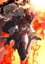  absurdres black_jacket black_skirt black_thighhighs blonde_hair breasts burnice_white commentary_request crop_top cropped_jacket female fiery_background fire hair_ornament high_heels highres holding_flamethrower jacket jumping looking_at_viewer medium_breasts midriff nemaki_(nemaki87456) one_eye_closed open_clothes open_jacket red-tinted_eyewear red_eyes skirt smile solo thighhighs thighs tinted_eyewear two_side_up zenless_zone_zero 