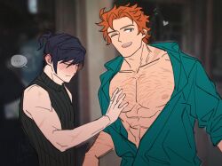  ... 2boys abs arm_hair arm_up blue_hair blush chest_hair closed_eyes closed_mouth collared_shirt commentary dark_blue_hair english_commentary felix_hugo_fraldarius fire_emblem fire_emblem:_three_houses green_shirt hairy heart highres male_focus meme multiple_boys multiple_scars muscular nipples notice_lines one_eye_closed open_clothes open_shirt orange_hair pectoral_grab pectoral_grab_(meme) pectorals ponytail satodee scar scar_on_arm scar_on_chest scar_on_shoulder shirt short_ponytail smile speech_bubble sylvain_jose_gautier teeth tongue upper_body upper_teeth_only wavy_hair yaoi 