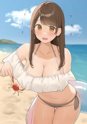  beach bikini blue_sky blush breasts brown_eyes brown_hair cloud crab day earrings female frilled_bikini frills grey_bikini highres holding holding_swim_ring horizon jewelry large_breasts long_hair mismatched_bikini navel ocean ol-chan_(ol_mahonanoka) ol_mahonanoka open_mouth original outdoors sand sky solo swim_ring swimsuit water white_bikini 