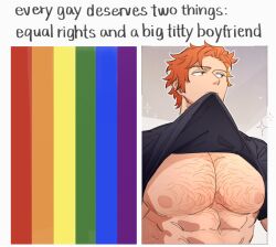  1boy abs black_shirt border chest_hair clothes_in_mouth clothes_lift commentary english_commentary english_text fire_emblem fire_emblem:_three_houses highres lgbt_pride looking_to_the_side male_focus mouth_hold nipples orange_hair pectorals rainbow_flag satodee shirt shirt_in_mouth short_hair solo sparkle sylvain_jose_gautier t-shirt teeth upper_body wavy_hair white_border 