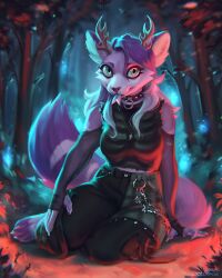  anthro clothed clothing collar detailed_background female forest hi_res horn jewelry lostgoose pendant piercing plant solo tongue tongue_out tongue_piercing tree 