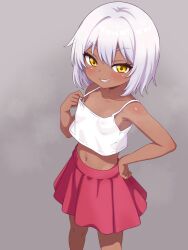  absurdres blush camisole commentary_request dark-skinned_female dark_skin female flat_chest grin highres looking_at_viewer nattocurryumeee navel original pink_skirt short_hair simple_background skirt smile solo tan textless_version white_camisole white_hair yellow_eyes 