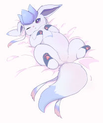  a21foxtail absurd_res ambiguous_gender bed big_tail blue_body blue_eyes blue_fur claws eeveelution fan_character feet feral fur furniture generation_4_pokemon glaceon hi_res hindpaw lies neck_tuft nintendo one_eye_closed pawpads paws pokemon pokemon_(species) ribbons solo tail toe_claws toes tuft wink 