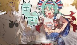  1boy 2girls absurdres aqua_eyes aqua_hair bag blonde_hair blue_bow blue_bowtie blue_pants bow bowtie crop_top flag_print hatsune_miku headphones highres hippopotamus kagamine_len kagamine_rin long_hair lynnear moo_deng multiple_girls open_mouth pants real_life school_uniform shirt short_hair shoulder_bag smile thai_flag thai_school_uniform thai_text thailand translation_request twintails very_long_hair vocaloid white_shirt 