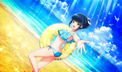  :d beach bikini bird black_hair blue_bikini blunt_bangs bow cinderella_series cloud cumulonimbus_cloud facing_to_the_side feet_out_of_frame female floral_print_bikini frilled_bikini frills from_side game_cg green_eyes hachigatsu_no_cinderella_nine hair_ornament hairbow hairclip high_ponytail highres holding holding_swim_ring lens_flare light_particles light_rays looking_at_viewer mountainous_horizon non-web_source ocean official_alternate_hairstyle official_art open_mouth outdoors reaching reaching_towards_viewer seagull short_hair side-tie_bikini_bottom sky smile solo sparkle standing standing_on_one_leg sunbeam sunlight suzuki_waka swim_ring swimsuit white_bow 