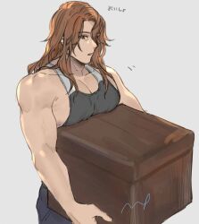  1boy bare_shoulders box brown_eyes brown_hair cowboy_shot granblue_fantasy hair_over_one_eye highres holding holding_box large_pectorals long_hair looking_ahead male_focus momimomi parted_lips pectoral_cleavage pectorals siegfried_(granblue_fantasy) solo tank_top 