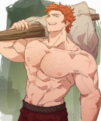  1boy abs absurdres arm_hair arm_up carrying chest_hair commentary cowboy_shot english_commentary fire_emblem fire_emblem:_three_houses groin hairy highres male_focus male_pubic_hair navel nipples open_mouth orange_hair pants pectorals pubic_hair red_pants satodee scar scar_on_chest scar_on_shoulder short_hair smile solo sweat sweatdrop sylvain_jose_gautier teeth topless_male upper_teeth_only wavy_hair yellow_eyes 