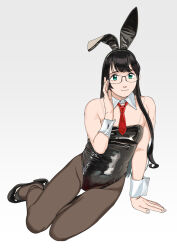  alternate_costume animal_ears black_footwear black_hair black_leotard black_pantyhose detached_collar fake_animal_ears female flat_chest full_body glasses green_eyes grey_background high_heels highleg highleg_leotard kantai_collection leotard long_hair looking_at_viewer necktie ojipon ooyodo_(kancolle) pantyhose playboy_bunny rabbit_ears red_necktie simple_background sitting smile solo strapless strapless_leotard wrist_cuffs 