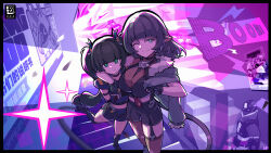  2girls absurdres android animal_ears arm_around_shoulder black_gloves black_shorts blunt_bangs breasts closed_mouth fingerless_gloves full_body fur-trimmed_jacket fur_trim gloves green_eyes green_hair highres indoors jacket jane_doe_(zenless_zone_zero) large_breasts long_hair mouse_ears mouse_girl mouse_tail multiple_girls nafunafu123 navel one_eye_closed qingyi_(zenless_zone_zero) serious shadow shorts sidelocks smile stairs standing tail zenless_zone_zero 