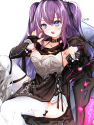  armor asymmetrical_gloves breastplate breasts cape choker cleavage diaize_(shironeko_project) female fingerless_gloves gauntlets gloves halterneck highres inuhakka_cho multicolored_hair purple_hair shironeko_project solo streaked_hair sword thighhighs torn_cape torn_clothes torn_thighhighs twintails weapon 