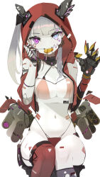  android animal_ears asymmetrical_legwear bare_shoulders bikini bikini_under_clothes blue_eyes blunt_bangs body_markings breasts candy claws cleavage clothing_cutout colored_skin crop_top facial_mark female food garter_straps hand_on_own_face heterochromia highleg highleg_bikini highres jacket kneehighs lollipop low_wings mark_under_both_eyes mechanical_ears mechanical_wings medium_breasts mouth_hold nanatsuki_sousuke narrow_waist navel open_clothes open_vest original pink_eyes red_bikini red_jacket red_thighhighs see-through see-through_shirt shirt shoulder_cutout side_ponytail simple_background single_sleeve single_thighhigh sitting socks string_bikini swimsuit thighhighs triangle_facial_mark unzipped vest white_background white_skin wings 