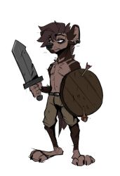  anthro arrows barefoot belt bottomwear brown_body brown_fur brown_hair clothed clothing digital_media_(artwork) ear_piercing ear_ring feet fur hair hi_res holding_melee_weapon holding_object holding_weapon hyena hyenamancer jewelry male mammal melee_weapon pants piercing ring_piercing shield shorts simple_background solo sword tail topless topless_anthro topless_male weapon 