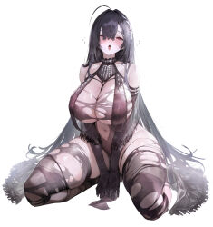  :p absurdres agoto black_hair blush borrowed_character breasts english_commentary female hair_between_eyes hair_ornament highres huge_breasts kneeling long_hair looking_at_viewer mole mole_on_breast navel open_mouth original rame_tree_(heuksaek) red_eyes simple_background solo thick_thighs thighs tongue tongue_out torn_clothes very_long_hair white_background 