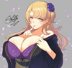  absurdres bare_shoulders blonde_hair breasts closed_mouth commentary eiyuu_densetsu falling_petals female finger_to_mouth flower grey_background hair_flower hair_ornament highres huge_breasts japanese_clothes kimono kuro_no_kiseki_(series) kuro_no_kiseki_i looking_at_viewer lucrezia_isselee mole mole_under_mouth obi off_shoulder petals purple_eyes purple_flower purple_kimono purple_rose rose sash sen_no_kiseki_(series) sen_no_kiseki_iii shushing signature simple_background solo stormowl0 upper_body 