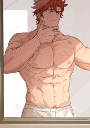  1boy abs absurdres arm_hair arm_up biceps chest_hair closed_mouth commentary english_commentary fire_emblem fire_emblem:_three_houses groin hair_between_eyes hand_on_own_face highres looking_to_the_side male_focus mirror multiple_scars muscular muscular_male naked_towel navel nipples outstretched_arm pectorals puff_of_air red_hair satodee scar scar_on_arm scar_on_shoulder sideways_glance solo sylvain_jose_gautier topless_male towel wavy_hair 