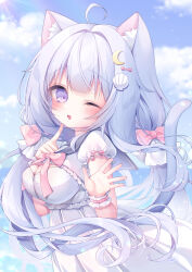  ;o animal_ear_fluff animal_ears blue_hair blue_sky blush breasts cat_ears cat_girl cat_tail cleavage cloud commentary_request cowboy_shot crescent crescent_hair_ornament dress female finger_to_cheek hair_ornament highres large_breasts light_blue_hair long_hair looking_at_viewer momochi_chia one_eye_closed original puffy_short_sleeves puffy_sleeves purple_eyes sailor_dress shell_hair_ornament short_sleeves sky solo tail waving white_dress white_wrist_cuffs wrist_cuffs 