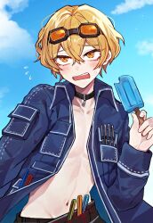  1boy alternate_costume blonde_hair blue_sky blush cowboy_shot flying_sweatdrops food goggles goggles_on_head groin holding holding_food holding_popsicle limbus_company male_focus official_alternate_costume open_clothes open_mouth pectorals popsicle project_moon short_hair sinclair_(project_moon) sky solo sweat yellow_eyes yono_neie 