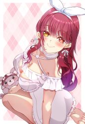  bare_shoulders barefoot blush bow bow_earrings breasts cleavage detached_collar dress earrings female frilled_nightgown from_above heart heart_earrings heterochromia highres hololive houshou_marine houshou_marine_(8th_costume) jewelry kentotto large_breasts long_hair looking_at_viewer nightgown off_shoulder official_alternate_costume open_mouth red_eyes red_hair ribbon_earrings smile solo stuffed_animal stuffed_toy teddy_bear virtual_youtuber white_nightgown yellow_eyes 