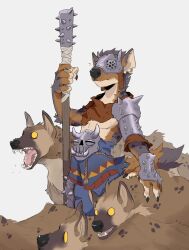  ambiguous_gender anthro armor brown_body brown_fur clothed clothing club_(weapon) digital_media_(artwork) ear_piercing ear_ring feral fur gnoll group headgear helmet hi_res holding_object holding_weapon hyena hyenamancer mace male mammal markings melee_weapon notched_ear open_mouth piercing plate_armor polearm ring_piercing simple_background spiked_club spots spotted_body spotted_fur spotted_hyena standing tail teeth warrior weapon yellow_eyes 