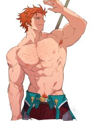  abs arm_hair arm_up armpit_hair belt chest_hair collarbone cropped_legs dated fire_emblem fire_emblem:_three_houses green_belt groin highres looking_to_the_side male_focus male_pubic_hair muscular muscular_male nipples orange_hair pants pectorals polearm profile pubic_hair red_pants satodee scar scar_on_arm scar_on_chest scar_on_shoulder shaded_face short_hair signature simple_background smile sylvain_jose_gautier topless_male twitter_username wavy_hair weapon white_background 