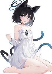  absurdres alternate_costume amiamie animal_ears bare_shoulders black_eyes black_hair blue_archive blush cat_ears cat_girl cat_tail commentary_request dress female highres kikyou_(blue_archive) looking_at_viewer multiple_tails open_mouth short_hair simple_background sitting solo tail thighs two_tails wariza white_background white_dress 