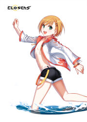  1boy :d alternate_hair_color ass black_shorts closers copyright_name cowboy_shot eyelashes from_side green_eyes highres jacket logo male_focus mistilteinn_(closers) official_art orange_hair otoko_no_ko running short_hair short_shorts shorts simple_background skinny smile solo teeth upper_teeth_only variant_set wading water wavy_hair white_background white_jacket 