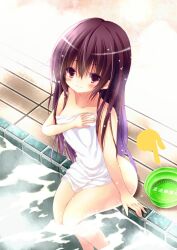  basin brown_hair collarbone feet_out_of_frame female kamiya_yuuji kantai_collection kisaragi_(kancolle) long_hair naked_towel purple_eyes soaking_feet solo towel water white_towel wooden_floor 