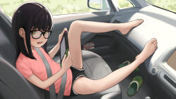  barefoot black-framed_eyewear black_hair female glasses highres indoors kuroshiro00 long_hair looking_at_viewer open_mouth original pink_shirt shirt shorts sitting solo 