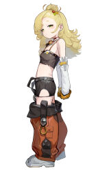  absurdres black_shorts blonde_hair closed_mouth female full_body green_eyes highres long_hair looking_at_viewer midriff orange_pants pants piper_wheel shoes shorts simple_background solo somray standing white_background white_footwear white_sleeves zenless_zone_zero 