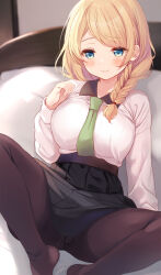  bed_sheet black_skirt blonde_hair blue_eyes blush braid breasts closed_mouth female green_necktie hair_over_shoulder highres indoors komone_ushio large_breasts lying necktie no_shoes on_back on_bed original panties panties_under_pantyhose pantyhose pleated_skirt single_braid skirt smile solo spread_legs underwear white_skirt 