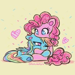  1:1 affectionate blue_body blue_eyes blue_fur chibi confetti cutie_mark duo equid equine female female/female flutterberrypie friendship_is_magic fur hair hasbro heart_symbol hi_res horse hug love lying mammal mane my_little_pony mythological_creature mythological_equine mythology one_eye_closed pegasus pink_body pink_eyes pink_fur pinkie_pie_(mlp) pony rainbow_dash_(mlp) signature simple_background sitting smile sparkles sparkling_eyes sparkling_hair tail white_background wings 