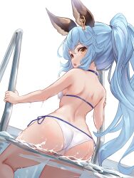  animal_ears ass bare_shoulders bell_(angelicalary) bikini blue_hair earrings erune female ferry_(granblue_fantasy) granblue_fantasy jewelry ponytail pool pool_ladder poolside rabbit_ears side-tie_bikini_bottom single_earring swimsuit white_bikini yellow_eyes 