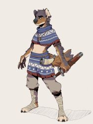  5_fingers anthro belt bottomwear brown_body brown_fur clothed clothing digital_media_(artwork) drinking_horn ear_piercing ear_ring feet fingers foot_wraps fur gnoll hi_res holding_melee_weapon holding_object holding_weapon horn hyena hyenamancer jewelry male mammal mantle markings melee_weapon necklace notched_ear pants piercing ring_piercing rope rope_belt scabbard simple_background solo spots spotted_body spotted_fur spotted_hyena standing sword tail topwear warrior weapon wraps 