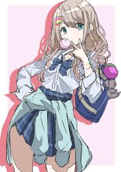  absurdres bag blue_bow blue_bowtie blue_eyes blue_shirt blue_skirt blush border bow bowtie bracelet breasts brown_hair chewing_gum cleavage clothes_around_waist collarbone cowboy_shot dot_nose female gyaru hair_ornament hairclip hand_on_own_hip hand_up highres idolmaster idolmaster_shiny_colors jewelry long_sleeves looking_at_viewer multiple_bracelets outside_border pink_background plaid_bow plaid_bowtie plaid_clothes plaid_skirt pleated_skirt rainbow_bracelet school_bag school_uniform serizawa_asahi shirt short_hair simple_background skirt small_breasts solo standing stuffed_koala urota_shimapann v white_border 