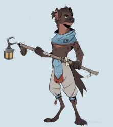  anthro barefoot bone bone_accessory bottomwear bracelet brown_body brown_fur brown_hair clothed clothing digital_media_(artwork) ear_piercing ear_ring facial_piercing feet fur gnoll hair hi_res holding_melee_weapon holding_object holding_weapon hyena hyenamancer jewelry lamp lantern male mammal mantle markings medieval_clothing melee_weapon nose_piercing nose_ring notched_ear pants piercing ring_piercing simple_background solo spots spotted_body spotted_fur spotted_hyena staff tail topwear weapon 