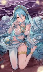  asymmetrical_legwear azura_(fire_emblem) blue_hair breasts brown_eyes closed_mouth commentary commission elbow_gloves female fingerless_gloves fire_emblem fire_emblem_fates gloves hair_between_eyes haru_(nakajou-28) highres light_blush long_hair long_hair_between_eyes looking_at_viewer medium_breasts ocean outdoors single_barefoot single_leg_pantyhose solo toes uneven_legwear veil very_long_hair 