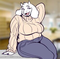  2024 2_horns anthro belly big_breasts blurred_background boss_monster_(undertale) bottomwear bovid breasts caprine clothed clothed_anthro clothed_female clothing curvy_anthro curvy_female curvy_figure digital_drawing_(artwork) digital_media_(artwork) eyeshadow female female_anthro fingers floppy_ears front_view fur goat hair hand_behind_head horn long_sleeves lop_ears makeup mammal mature_anthro mature_female open_mouth open_smile overweight overweight_anthro overweight_female pants portrait purple_eyeshadow sitting slightly_chubby slightly_chubby_anthro slightly_chubby_female smile snoozysoozyy solo sweater three-quarter_portrait topwear toriel turtleneck undertale undertale_(series) voluptuous voluptuous_anthro voluptuous_female white_body white_ears white_face white_fur white_hair white_horn 