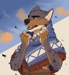  anthro brown_body brown_fur clothed clothing digital_media_(artwork) fur gnoll grey_body grey_fur half-length_portrait hi_res hyena hyenamancer male mammal mantle markings open_mouth outside portrait sky solo spots spotted_body spotted_fur spotted_hyena teeth topwear tuft wind 